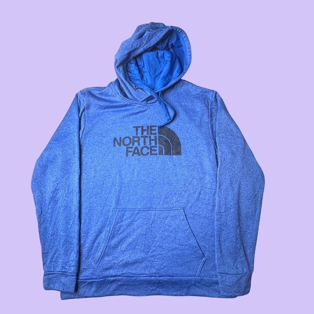 The North Face Hoodie Mens L Blue Logo Pullover Heathered Fleece Sweatshirt